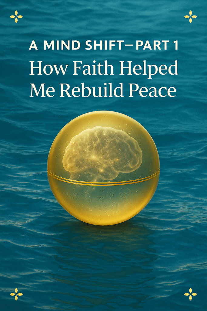 A golden orb containing a sparkling, smokey mind floats over a soft blue, glass-like water background with subtle gold tones — symbolizing peaceful restoration through faith.