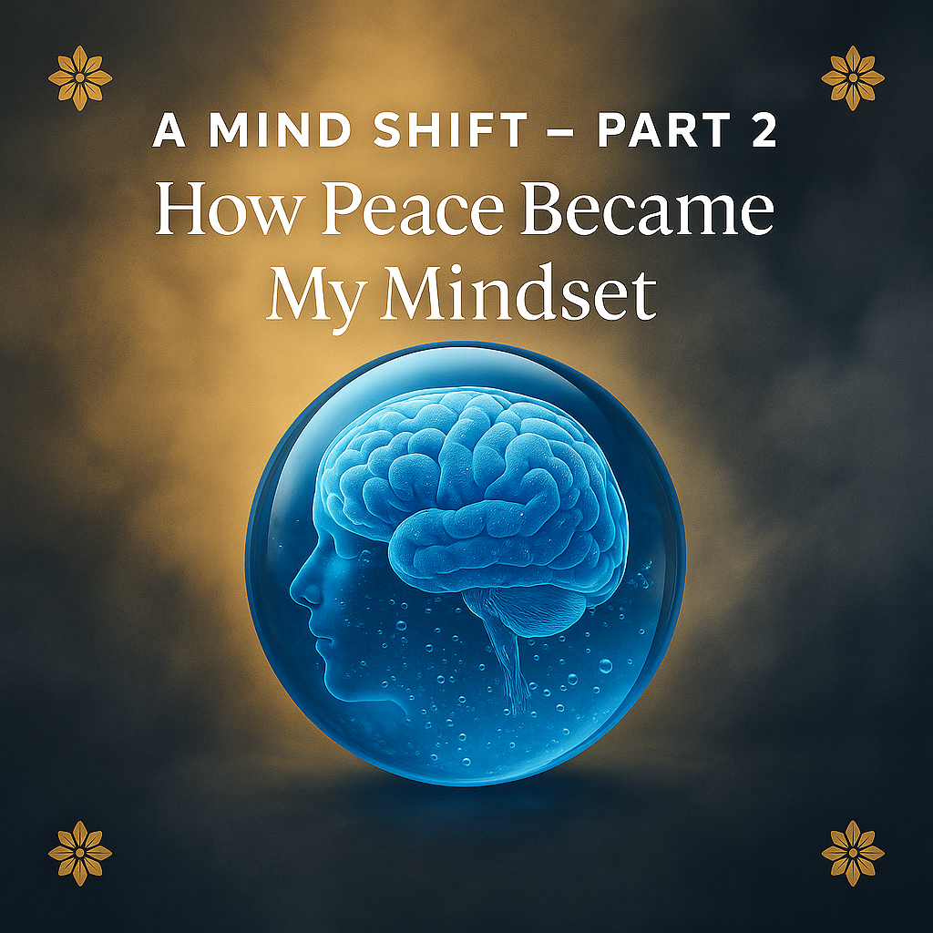 A transparent blue orb filled with swirling water, bubbles, and a subtle mind silhouette, set against a gold and grey smokey background with soft floral accents in each corner.