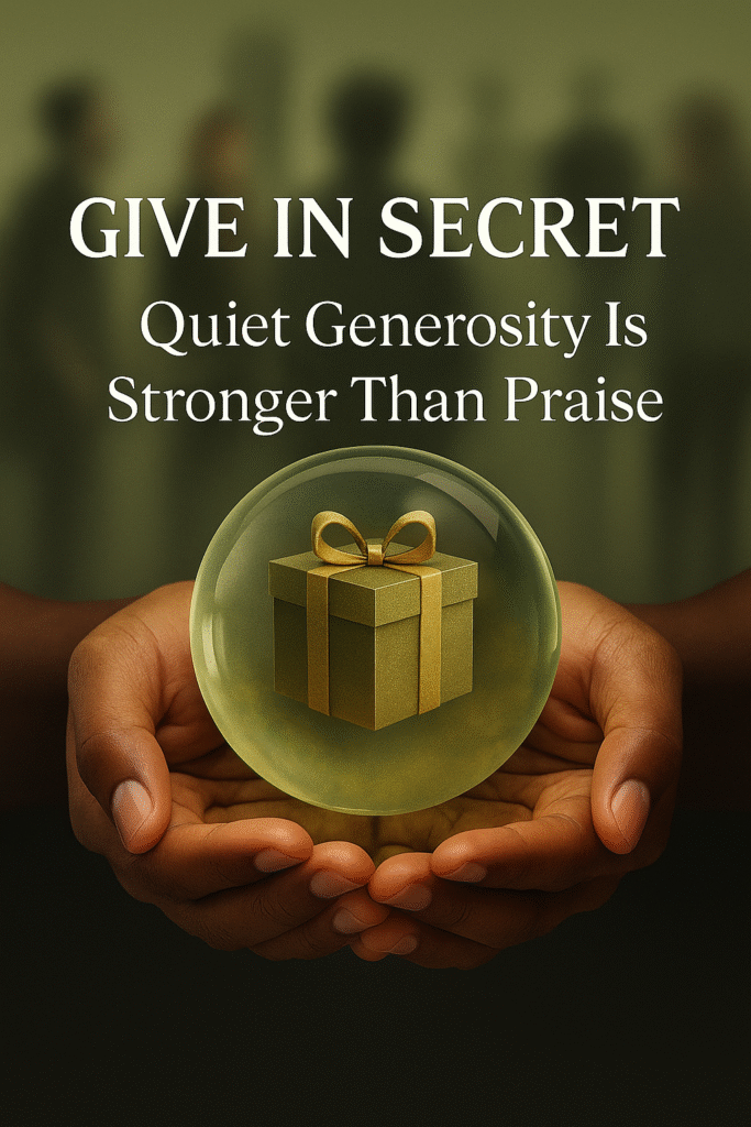 Fair-skinned hands of color gently hold a glowing orb shaped like a gift, with blurred figures in the background reaching toward it — set against an olive green and charcoal grey backdrop.