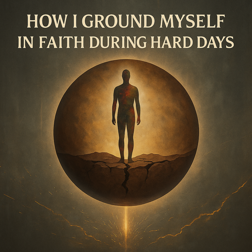 A dark brown orb containing a shadowy, multicolored human form stands over cracked earth, with sparks flying from a metal grounding rod in the background — symbolizing resilience and faith under pressure.