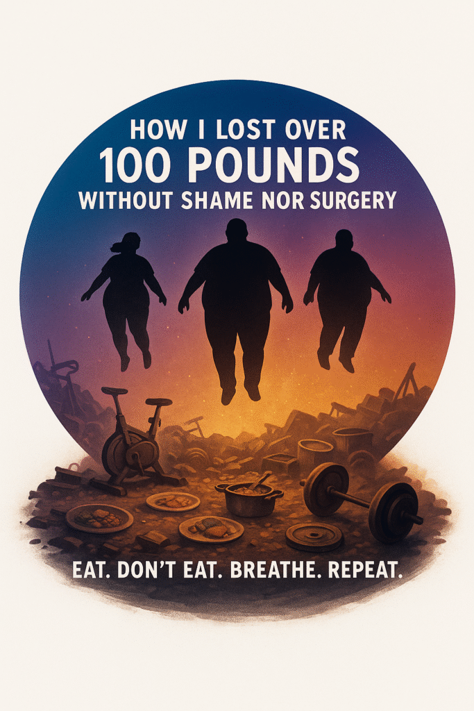 Three overweight shadow figures float above junkyard exercise gear and food, symbolizing freedom from diet shame and weight loss by lifestyle change.