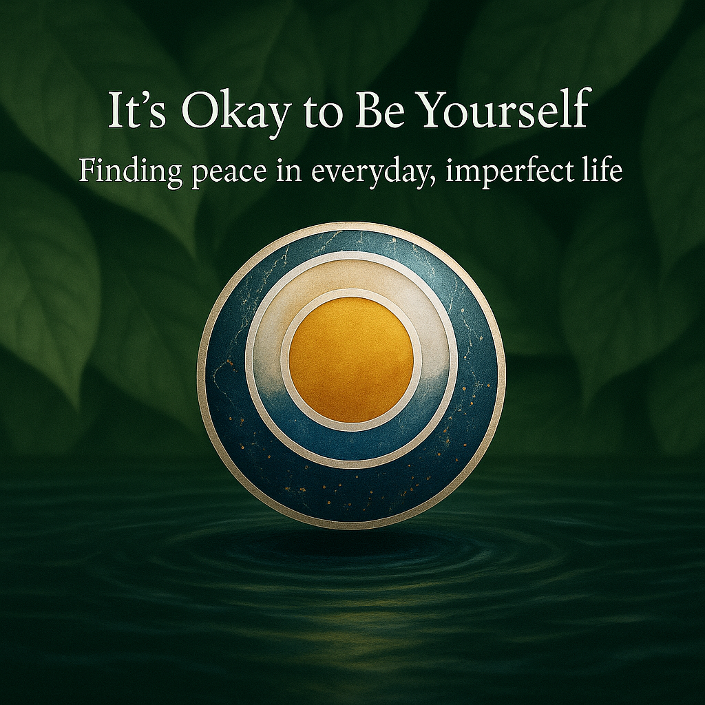 A glowing orb with marble and gold-trimmed rings floats above a soft water surface with a lush green leaf background, symbolizing peace in everyday, imperfect life.