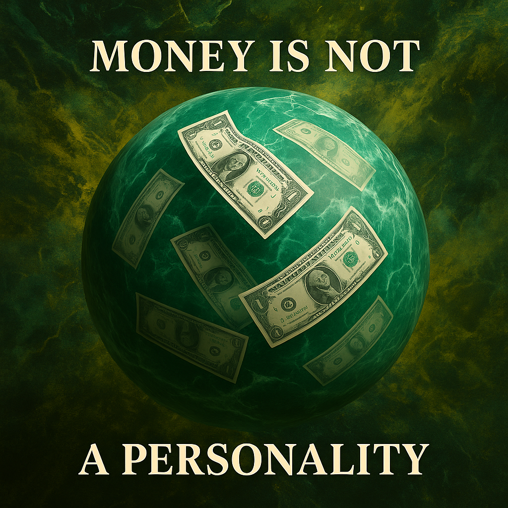Green marble orb with floating dollar bills inside and a chaotic background, symbolizing how money can distort character.