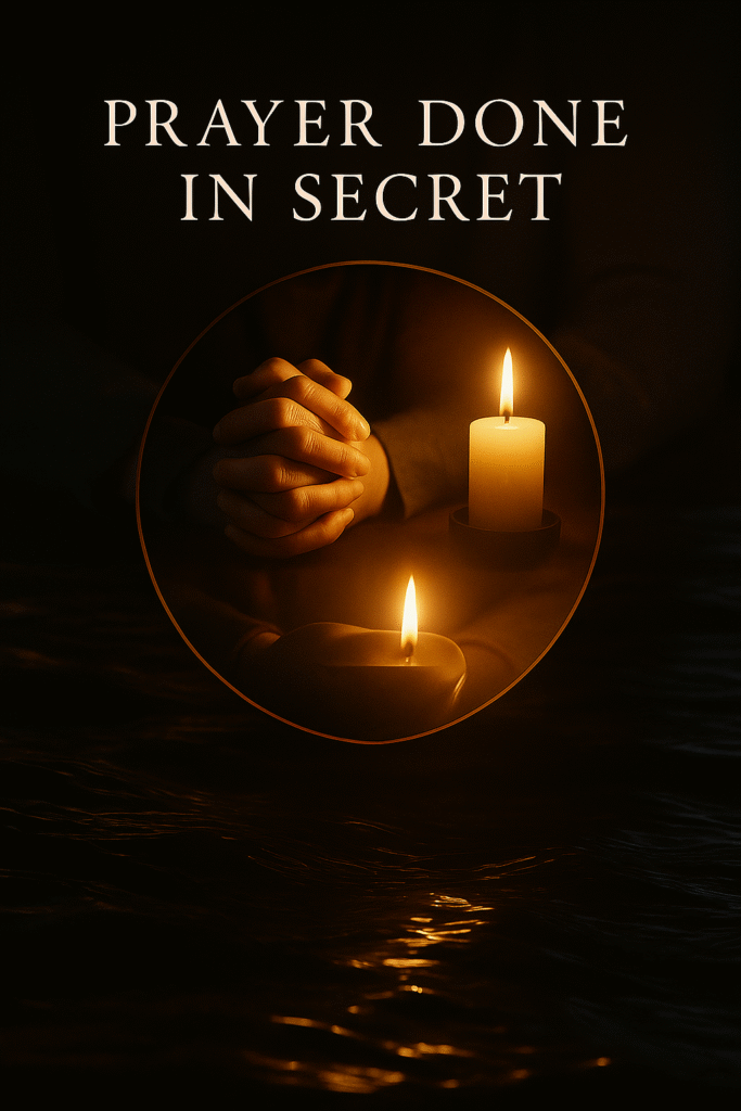 Hands clasped in prayer by candlelight with a glowing orb illuminating rippling black ocean waves in the background, symbolizing quiet faith and divine presence.