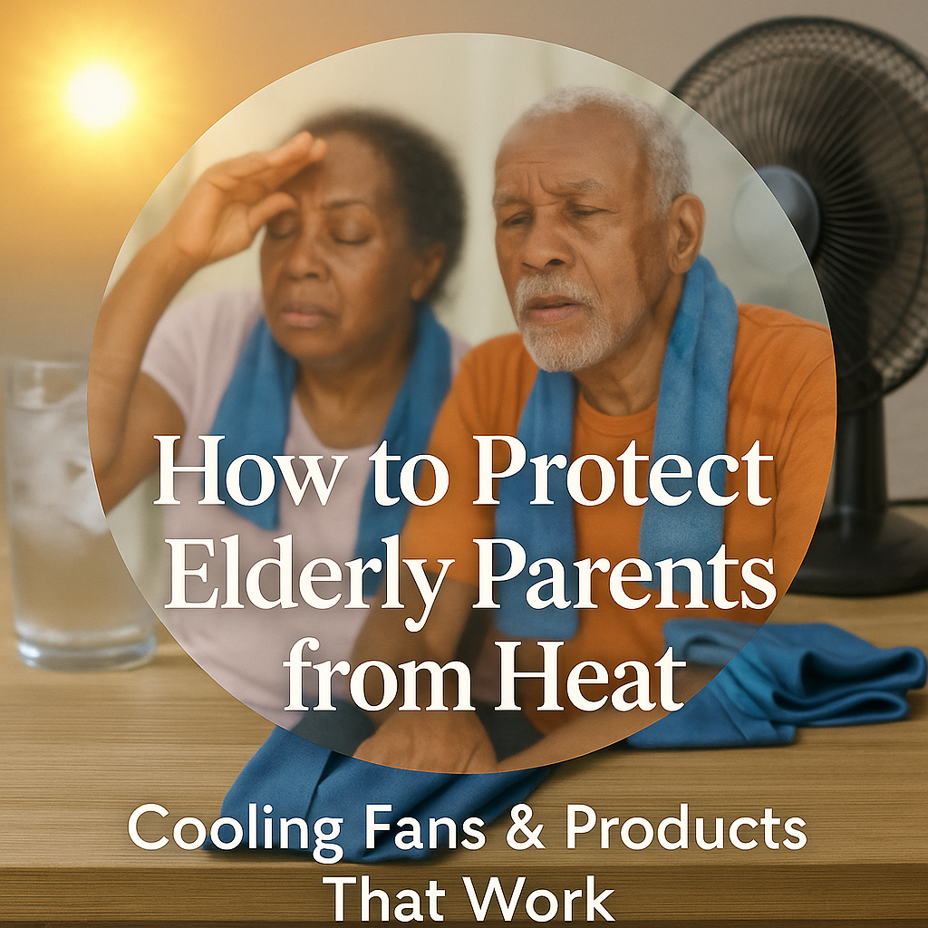 A glowing orb shows a blurred elderly couple overheated inside, with the background featuring cooling fans, towels, ice water, and a hot sun in the upper left corner.