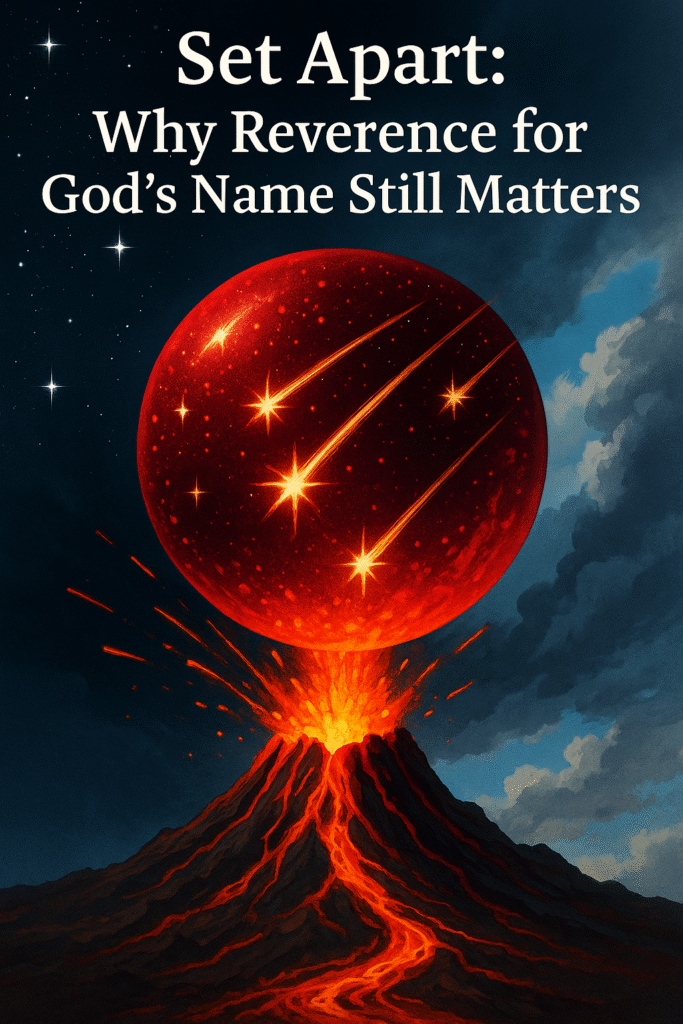 Red emerald orb hovering above a volcanic eruption, with shooting stars rising into space on one side and storm clouds filling a blue sky on the other — symbolizing divine separation and reverence.