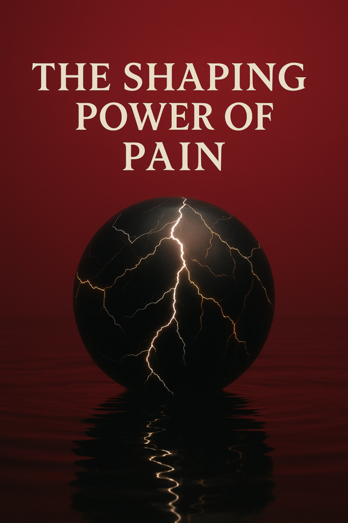 Orb of pain and purpose — a black sphere struck by silver and gold lightning, resting on crimson water to represent God's refining process.
