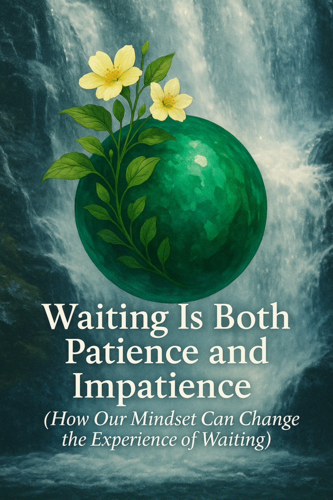 Emerald green orb with blooming flowers surrounded by a powerful waterfall crashing down, symbolizing the tension and beauty of waiting.