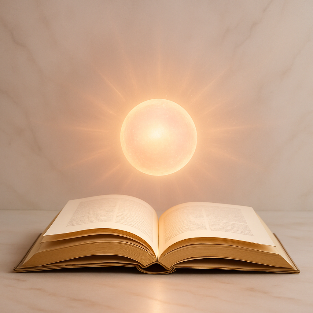 Open hardcover book with soft light – peaceful, elegant scene symbolizing depth and reflection