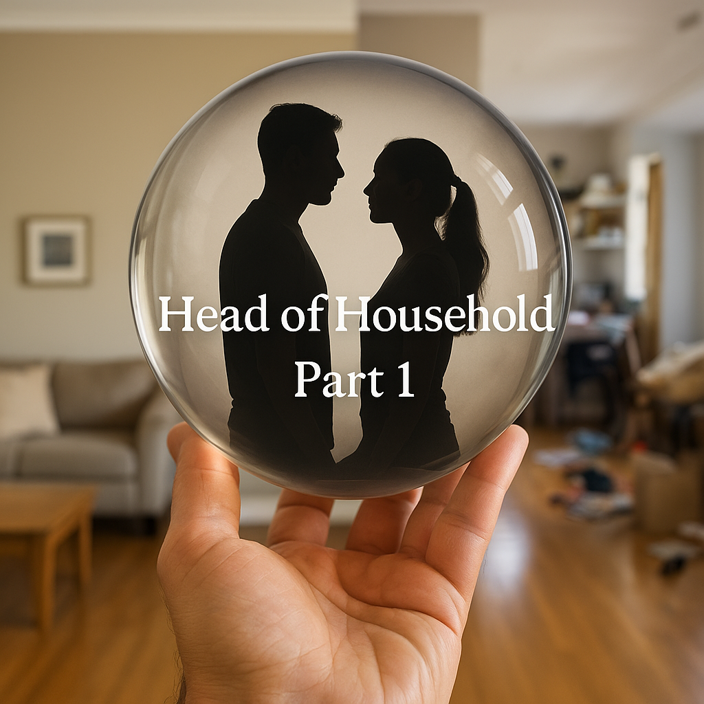 A realistic crystal ball held by a large hand, showing a shadowed couple inside. Behind the orb is a house split into order and chaos, with text that reads 'Head of Household Part 1'.