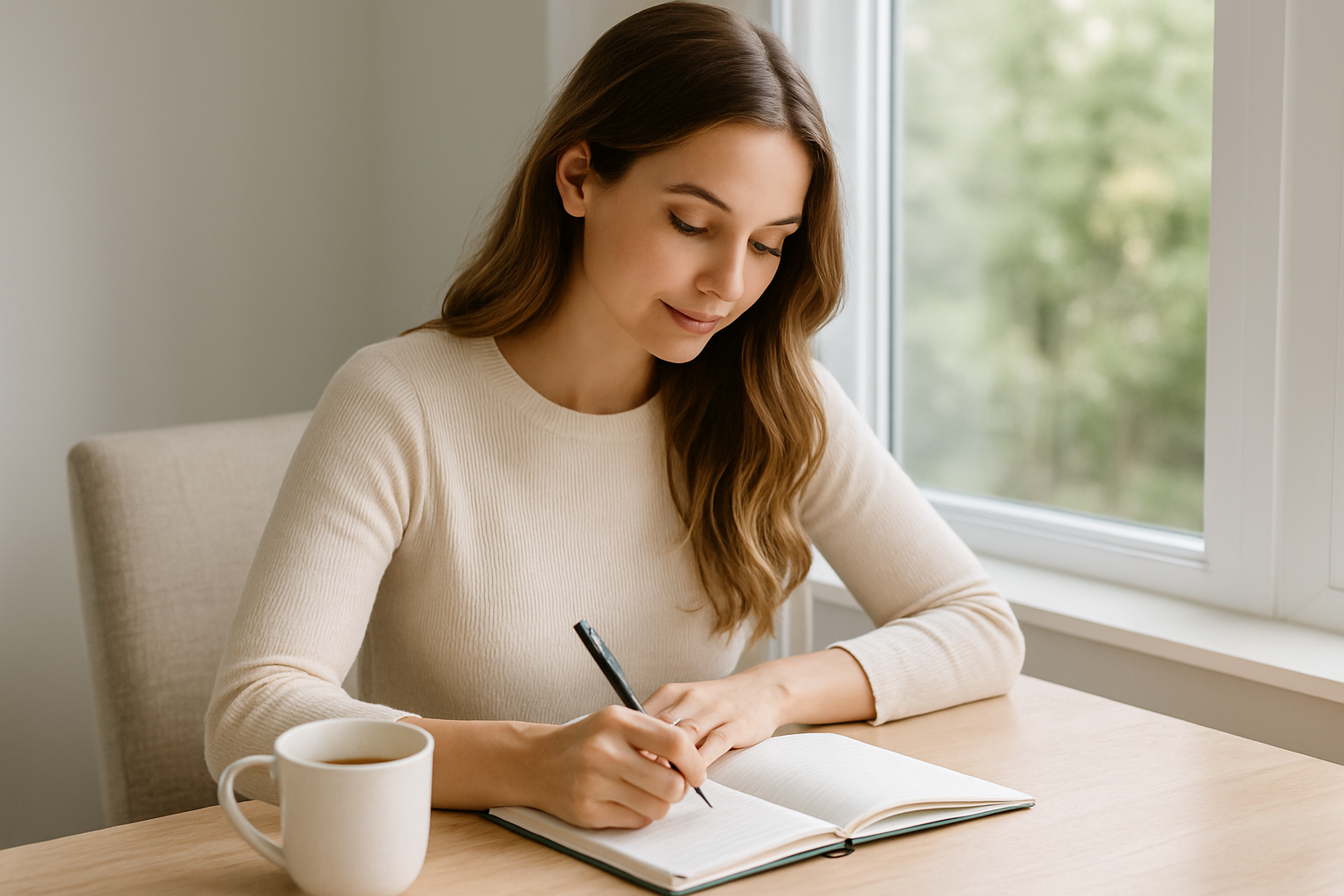 Woman journaling by the window with a cup of tea