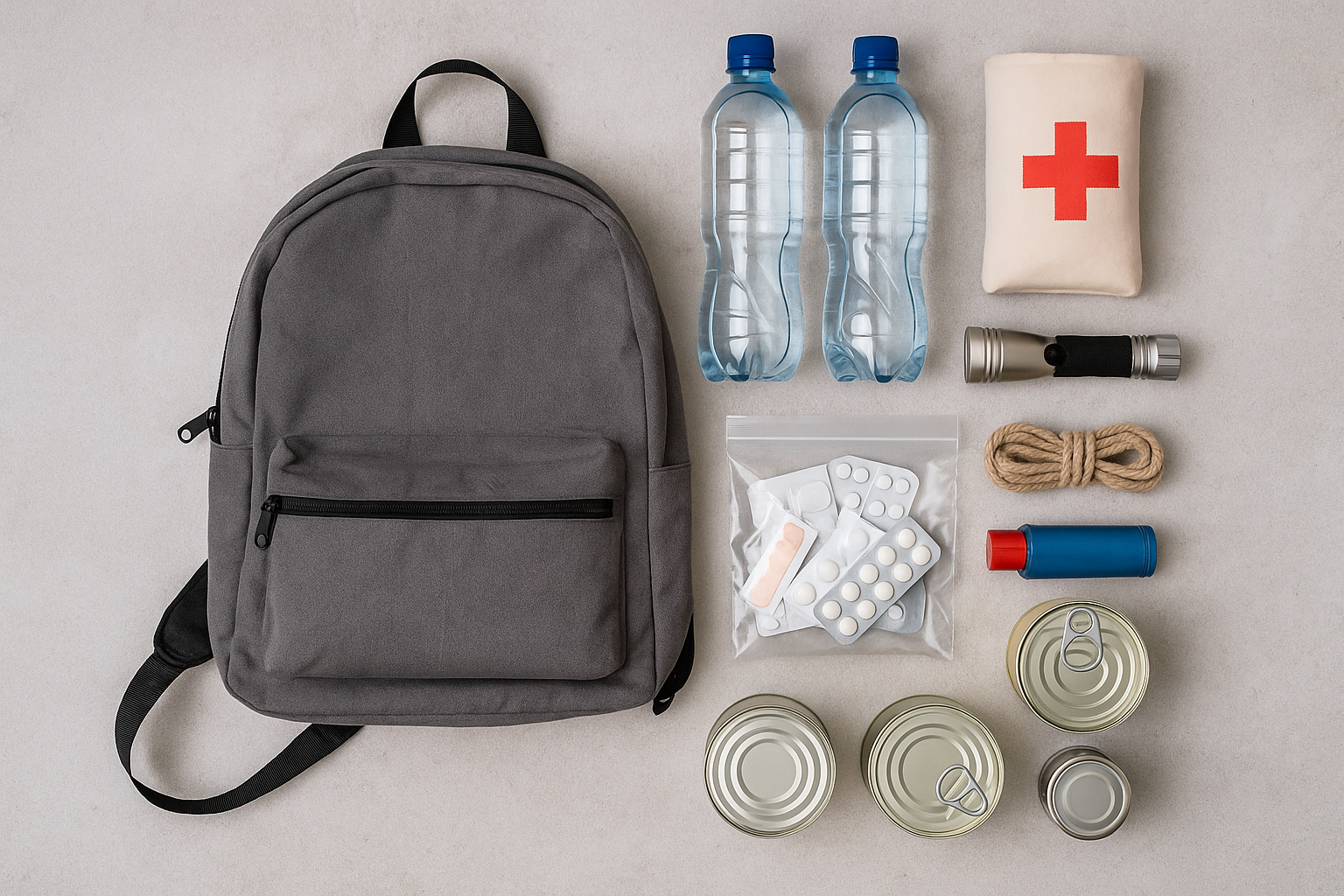 Emergency supplies including flashlight, bandages, canned food, and water bottles neatly arranged on a table