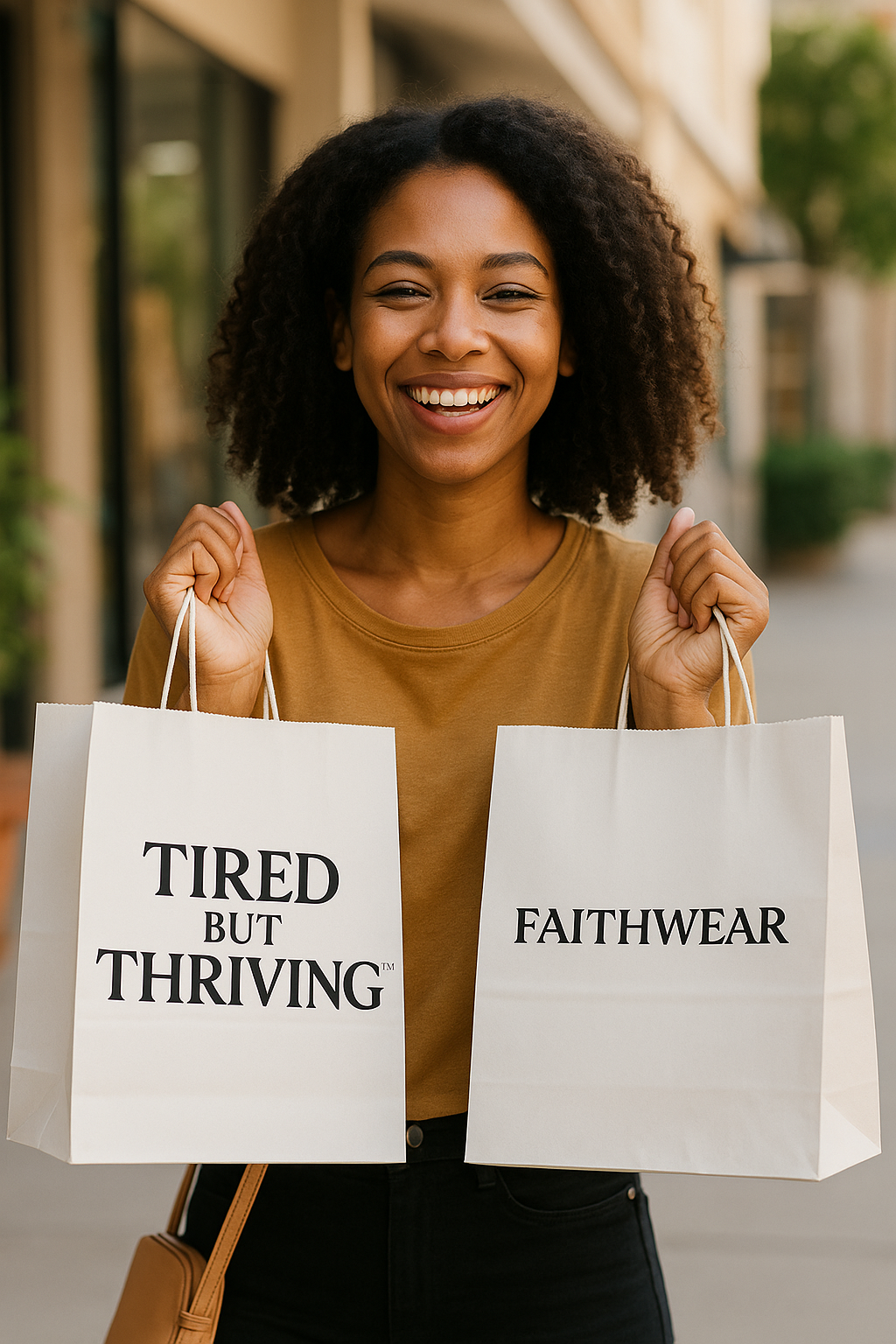 African American woman happily shopping with branded bags labeled “Tired But Thriving™” and “Faithwear”