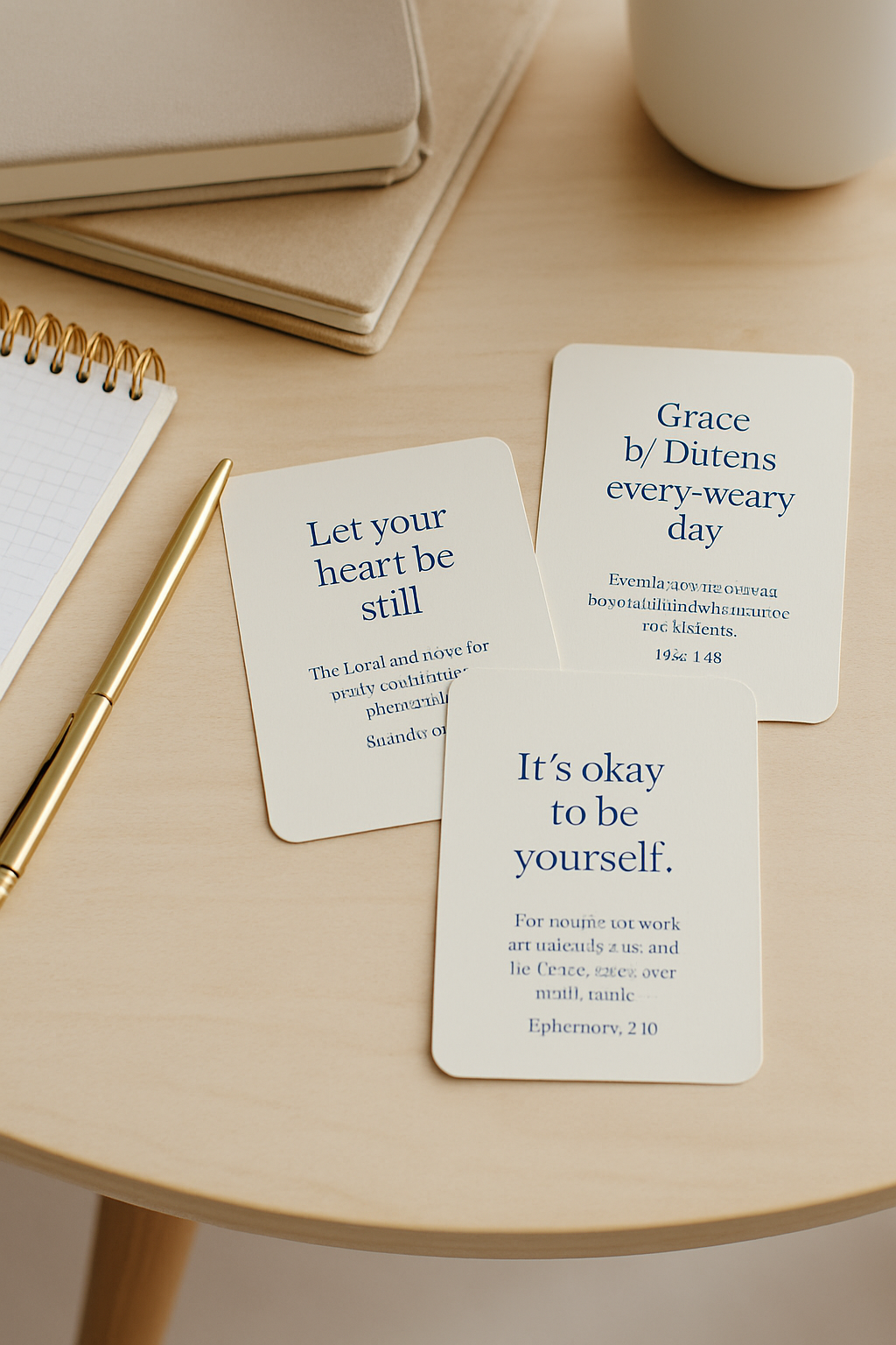 Scripture cards and pen on a light wooden desk