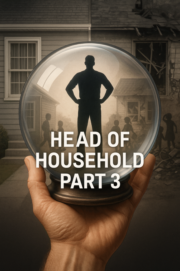 A crystal orb held by a large hand shows a man standing alone with children’s shadows behind him; the background house is split—one side orderly, the other in chaos. Text reads "Head of Household Part 3."