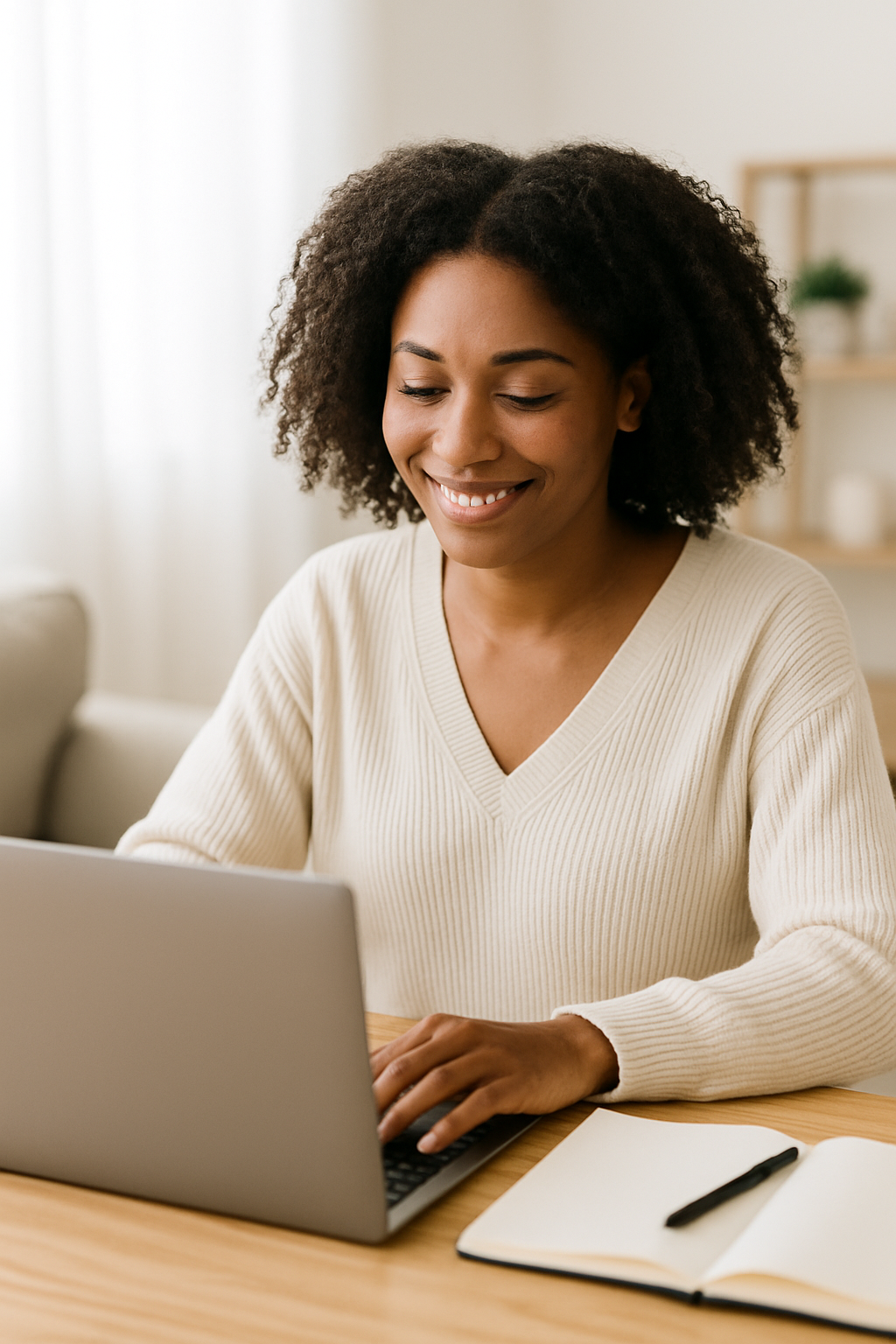 African American woman calmly writing a review on her laptop at home