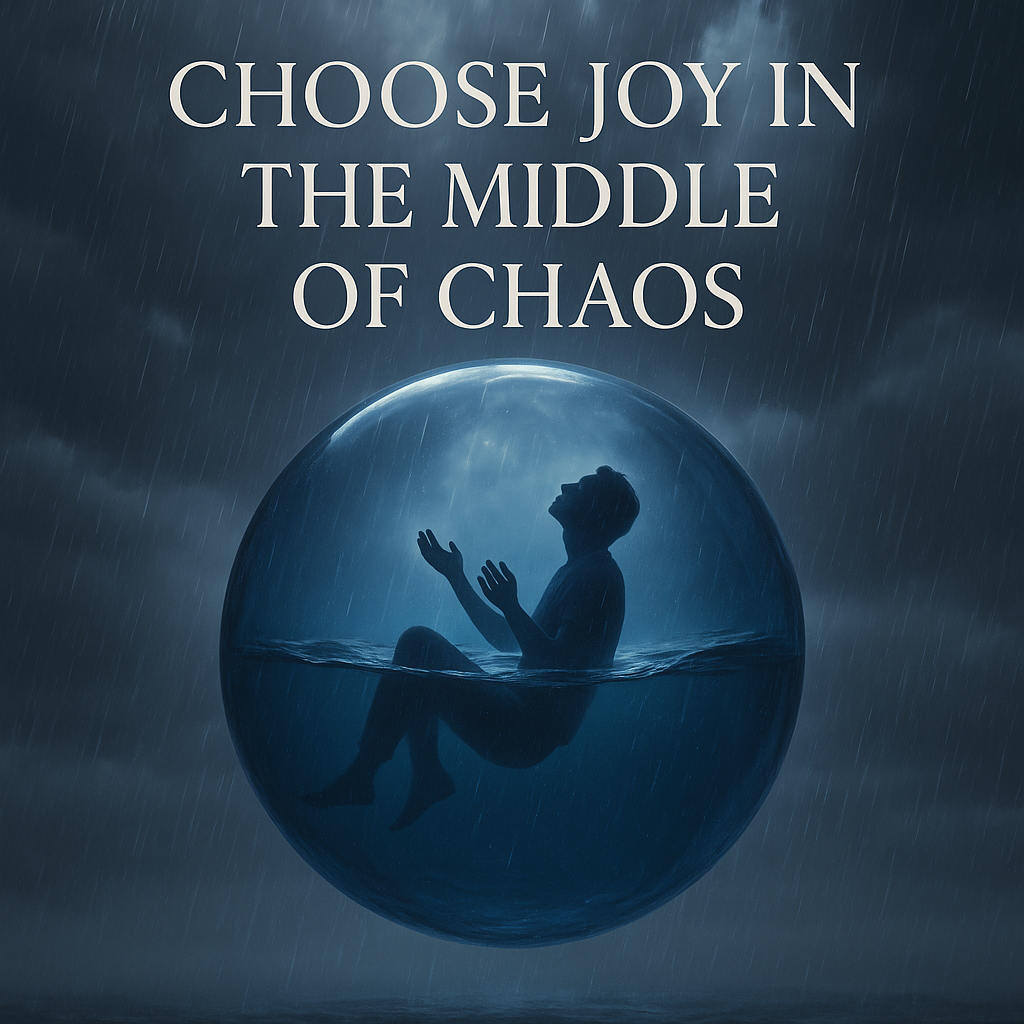 “Choose Joy in the Middle of Chaos” title on a dark blue crystal orb with a calm, shadowed figure floating inside under rain clouds.