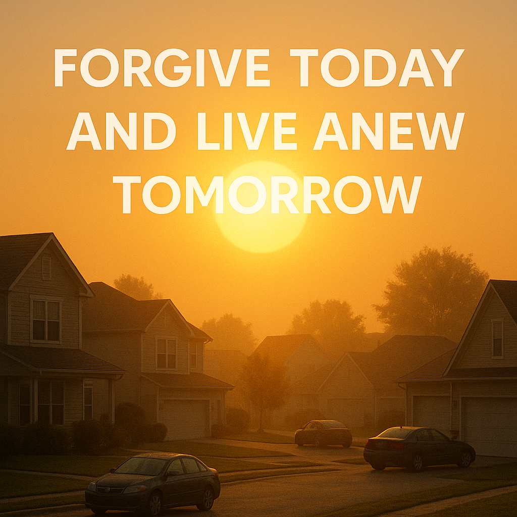 Radiant sunrise orb over a suburban neighborhood with the text “Forgive Today and Live Anew Tomorrow,” symbolizing forgiveness, hope, and fresh starts