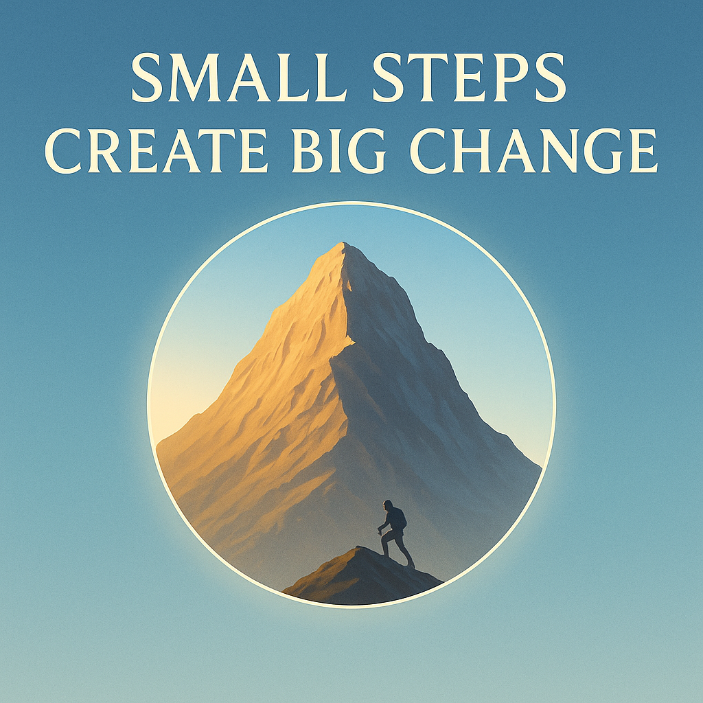 Small Steps Create Big Change — orb illustration of a hiker climbing a sunlit mountain under a clear blue sky.