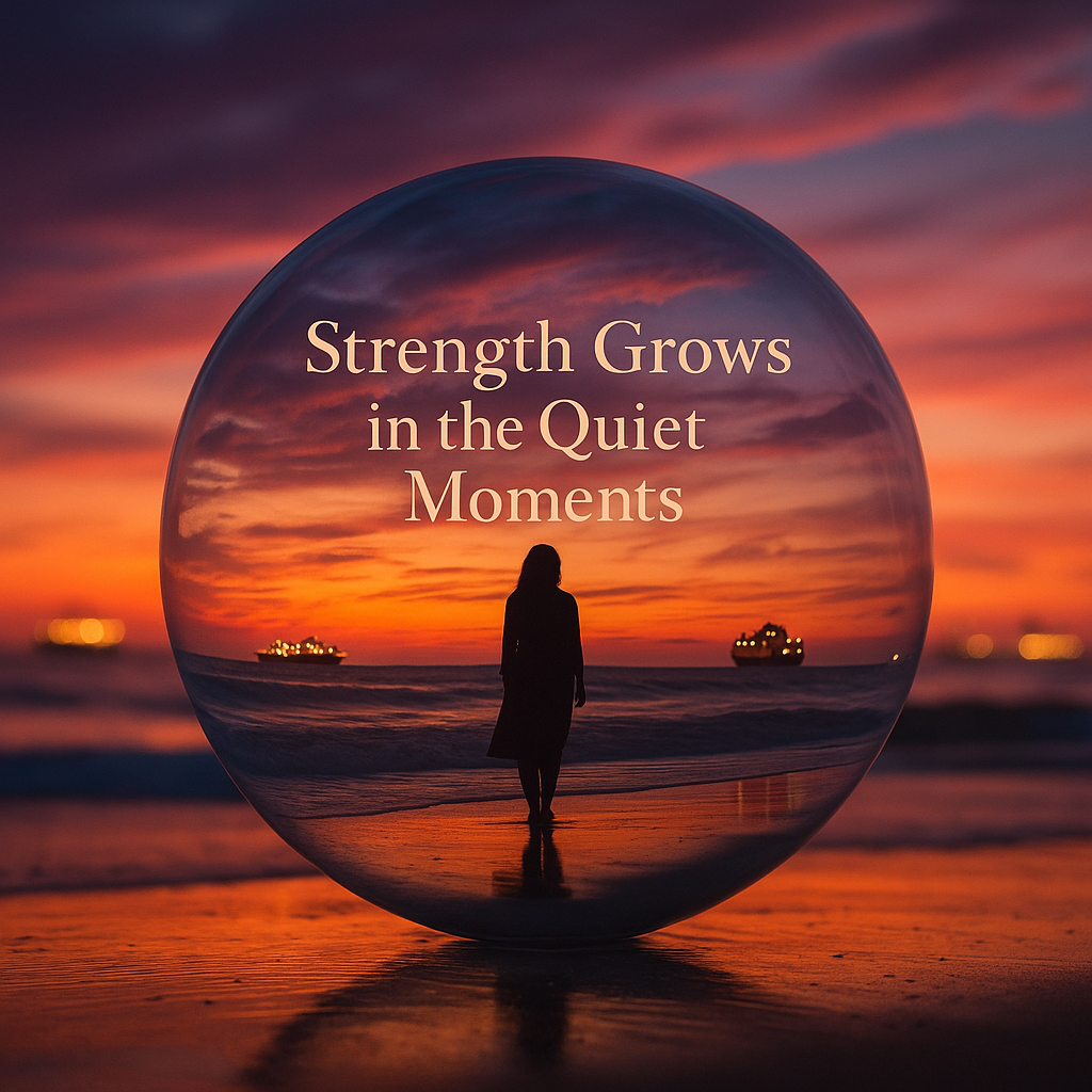 Strength Grows in Quiet Moments — woman in glass orb on a sunset beach; ships lit as they sail to sea.