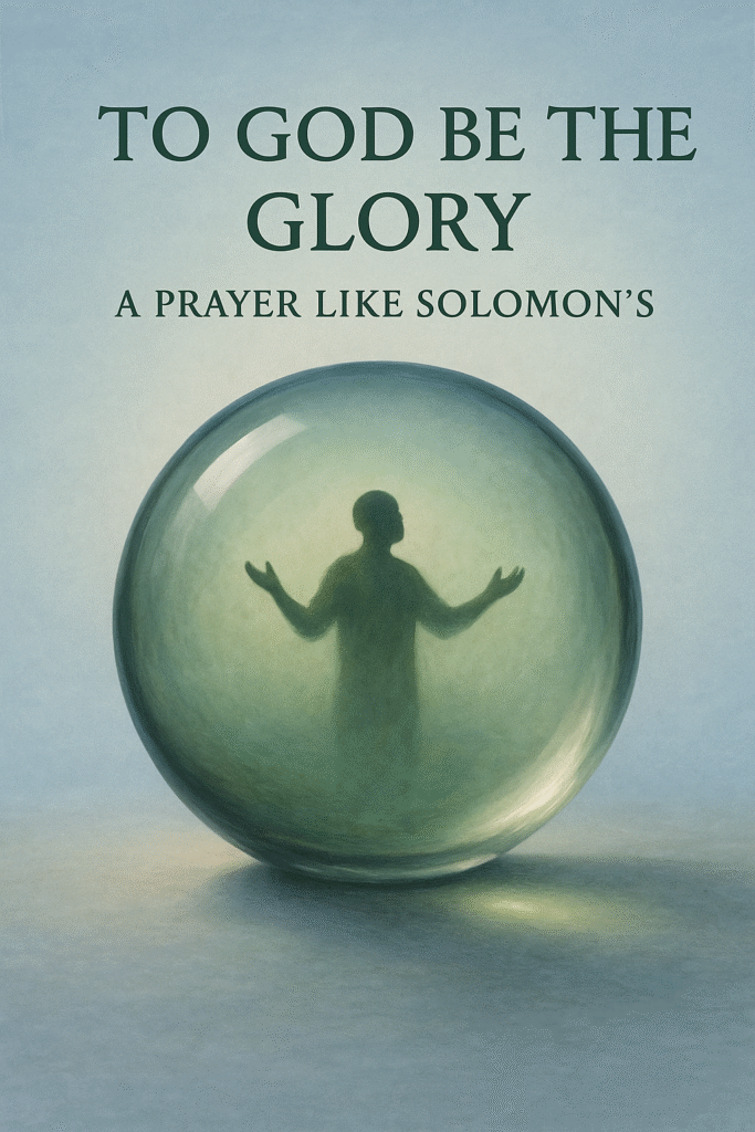"Olive-green transparent orb with a praying figure inside, symbolizing connection to God, with the title To God Be the Glory: A Prayer Like Solomon's on a soft blue background."